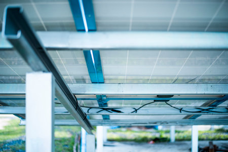 Solar cell connector. Solar PV connector of the solar cell circuit and wires under the solar panel...