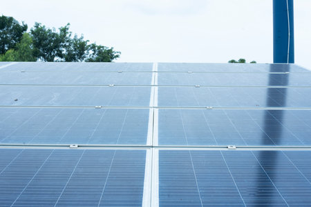 Solar panels in a row, solar panels grid, close up. photovoltaic systemの写真素材
