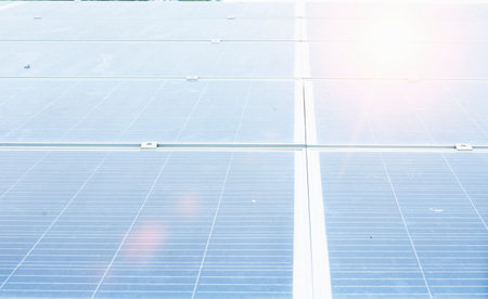 Solar panels in a row, solar panels grid, close up. photovoltaic systemの写真素材