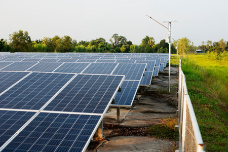 solar panel Alternative ecological technology to replace power plants Solar batteries, panels, solar panels for the electrical grid. Environmentally friendly and sustainable energy industry.の写真素材