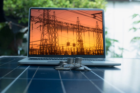 Stack of coins on solar panel The idea of installing solar cells gives you more money and more left over for savings.の写真素材