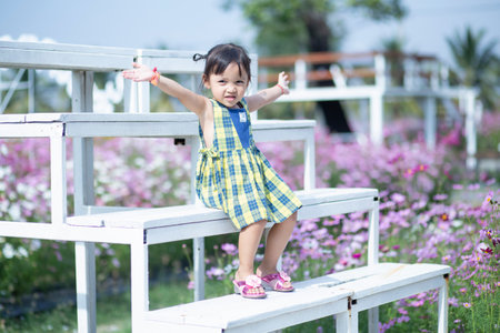 beatiful woman asia style on yellow flower garden and looking smile happy time on the dayの写真素材