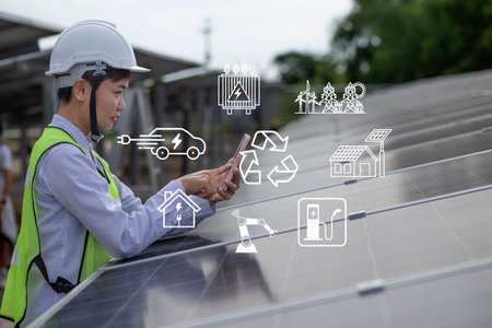 Solar cells have various symbols such as electric car charging station, robot, inverter, energy...