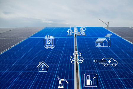 Solar cells have various symbols such as electric car charging station, robot, inverter, energy...