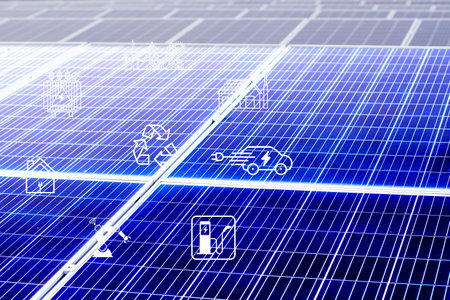 Solar cells have various symbols such as electric car charging station, robot, inverter, energy...