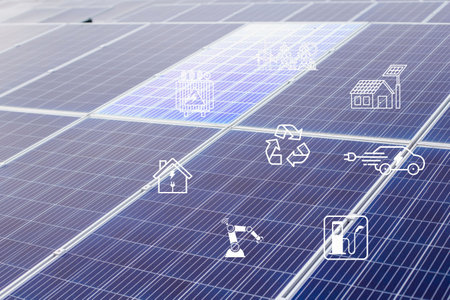 Solar cells have various symbols such as electric car charging station, robot, inverter, energy...