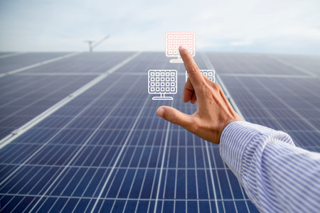 Modern solar farm control innovation with digital technology.の写真素材