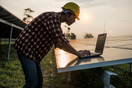 Male engineer working at high level to check efficiency of solar cell from clean solar cell which is friendly to environment.の写真素材