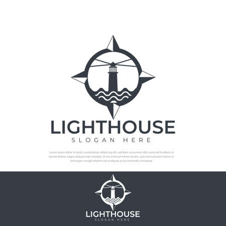 Lighthouse and wave Logo Design With Compass Design Premium Vector Illustrationのイラスト素材