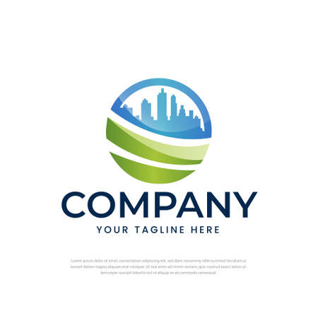 Blue city buildings silhouette logo, city greenery with circles and tall buildings. Vector logo template. Abstract design concept for theme of ecology, real estate agency, building company, cityscape,のイラスト素材