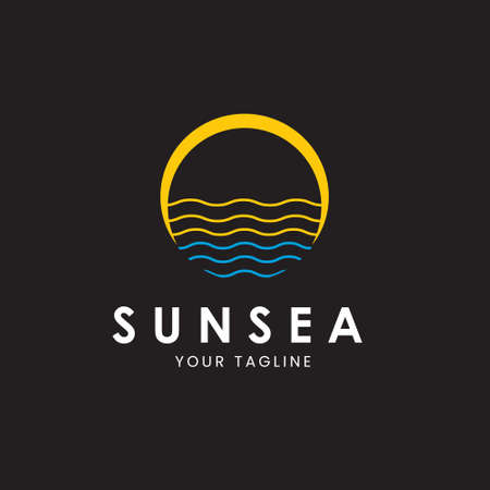 Sun and sea logo. Ocean wave line and icon style.on dark backgroundのイラスト素材