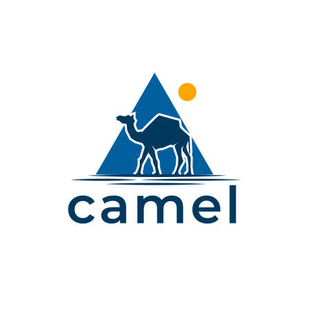 Camels in the desert passing through the pyramids logo illustrationのイラスト素材