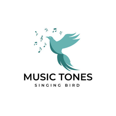 Birds Singing On Tree Beautiful Melody with Musical Notes Logo Design Concept Vector Flying bird logo illustration emitting musical notes, Beautiful Melody with Musical Notes Logo Design Concept Vectorのイラスト素材