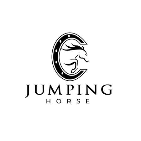 Jumping horse logo. Horse Event. Show Jumping Competition. Sport. Icons and design elements. Initial letter C. Monogram. Types of typographic logos. Vector Illustrationのイラスト素材