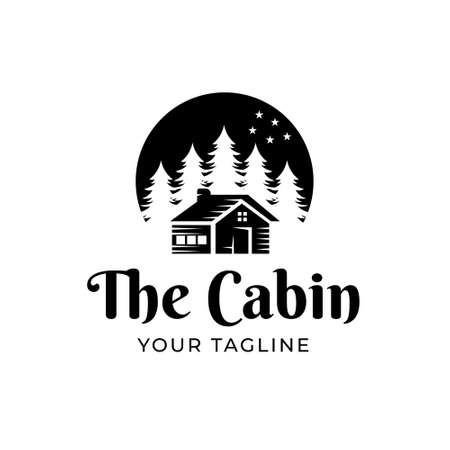 Premium log cabin and pine forest design logo on vintage white backgroundのイラスト素材