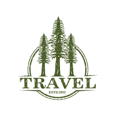 Vintage pine forest three pine tree illustration logo, design template, green emblem .vector symbolのイラスト素材