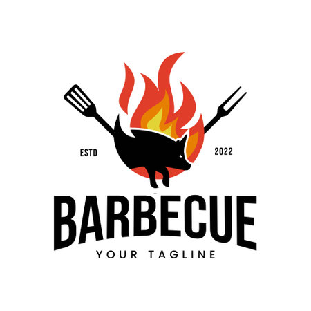 Grilled pork silhouette restaurant vintage restaurant logo design - fire fork spatula element, dark backgroundのイラスト素材