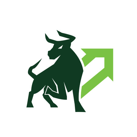 Bulls stock market trend. Trading exchange, up green arrow chart. Price chart going up. Global economic boom. Design vector. finance logo. Economic finance chart business productivity logo icon.のイラスト素材