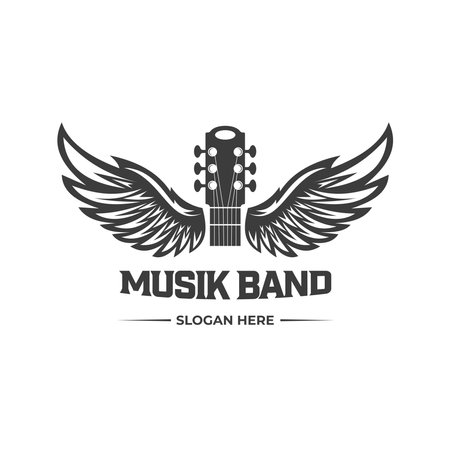 Vintage Retro Guitar Wings Music Logo Design Vector. Acoustic guitar logo. Music shop vintage grunge style template design elementのイラスト素材