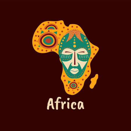 Illustration of African patterned map with art of masks, ornaments and symbols. Banner with traditional tribal grunge pattern, element, concept designのイラスト素材