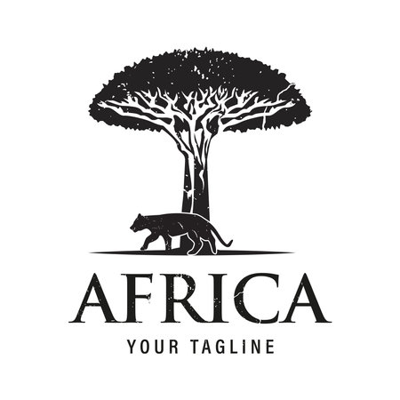 African tree design with Tiger Jaguar Leopard Cheetah Puma Panther Silhouette for Safari Adventure Logo Design Vectorのイラスト素材