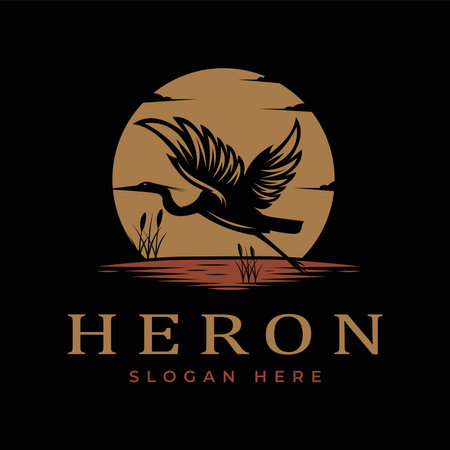 Vintage Flying Stork Heron Silhouette Bird in River Lake Creek Sunset logo design templateのイラスト素材