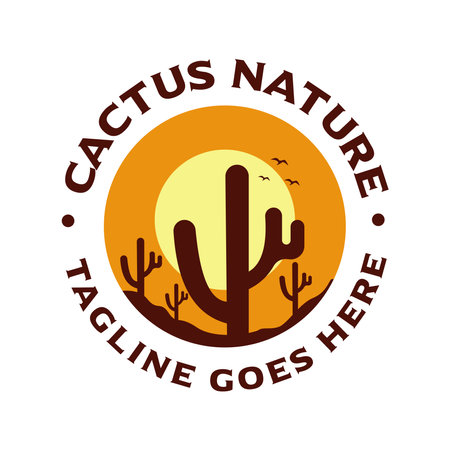 Vintage illustration of desert cactus with mountain view, sun and birds of prey. Cliff and cactus travel logoのイラスト素材