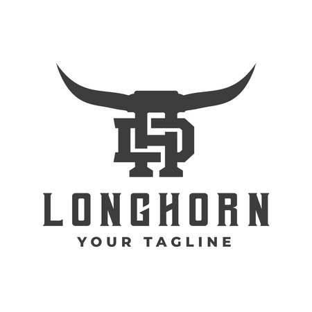 Buffalo Head Horn, Bull, cow, vintage Texas restaurant longhorn logo. letter D.H. Vintage farm company logoのイラスト素材