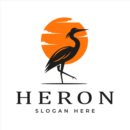 Illustration of a crane standing under the moon with a beautiful sky filled with soft light. heron logo designのイラスト素材