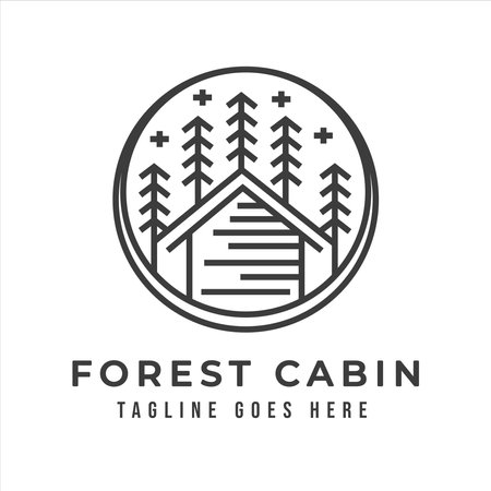 Vintage retro Village Cabin Hut with Pine Trees Adventure Outdoor Camp logoのイラスト素材