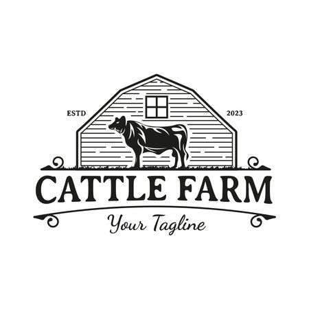 Country western classic ranch logo with cows and barn in vintage style.のイラスト素材
