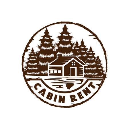 Vintage Retro Circular Pine Trees Forest with Rent Cabin Chalet Logo Design Vectorのイラスト素材