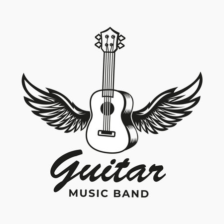 Vintage Retro Guitar Wings Music Design Vector. Acoustic Guitar . Music shop vintage Grunge Style template design Elementのイラスト素材