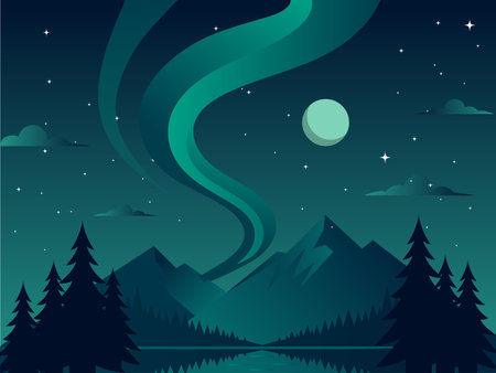 Minimalist Flat Vector Illustration, Night Scene, Clean Geometric Shapes with Mountains and Pine Forestのイラスト素材