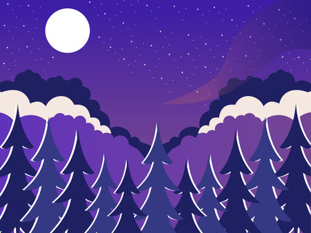 Minimalist Flat Style Vector Illustration With Dark Purple And Beige Color Palette, Featuring A Lush Pine Forest With A Large Full Moon In A Starry Night Sky.のイラスト素材