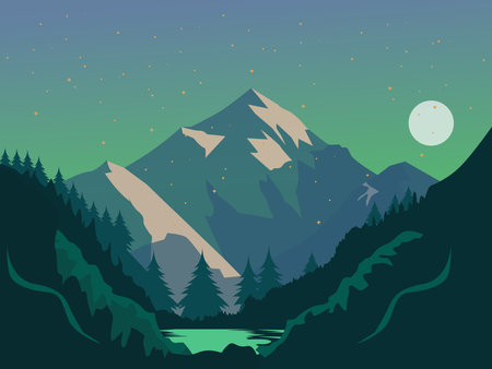 Minimalist Flat Vector Illustration With Clean Geometric Shapes Featuring Large Snow-Covered Mountains, Dark Pine Forest In The Foreground, Moonlight Sprinkled With Small Sparkling Stars.のイラスト素材