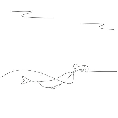 Dolphin in ocean and cute cat line drawing vector illustration, animals pictureのイラスト素材