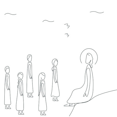 Jesus Christ and kids line drawing vector illustrationのイラスト素材