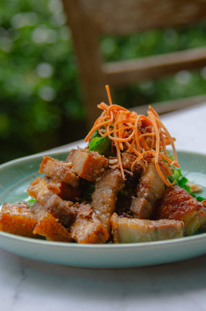 Crispy fried pork with carrot and green onion on the plateの写真素材