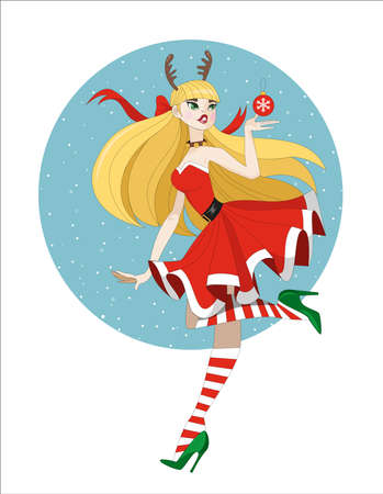 girl in Santa Claus's Christmas dress holding a New Year's ballのイラスト素材