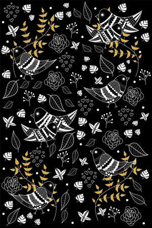 black and white print with birds and plantsのイラスト素材