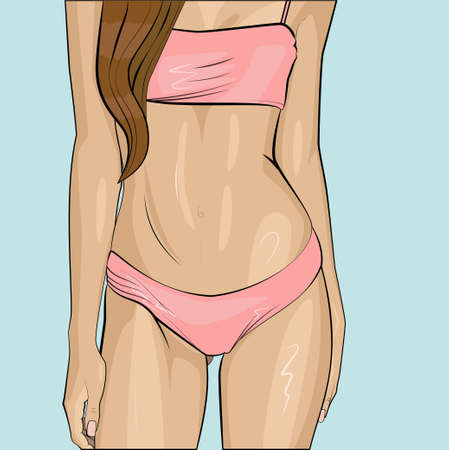 slender female body in a pink bathing suit on a blue backgroundのイラスト素材