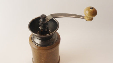 Wooden coffee mill and coffee beansの写真素材