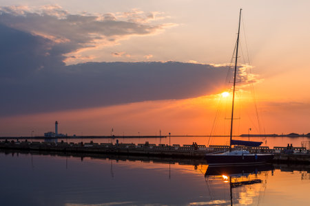 Sunset at the marina in the city of Riga, Latvia