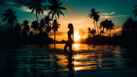 Silhouette of a young woman standing on the edge of a tropical beach at sunsetの素材