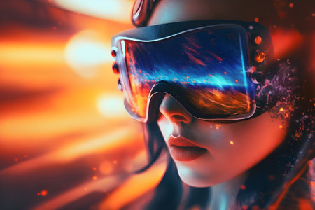 Close-up portrait of a beautiful young woman wearing virtual reality goggles.の素材
