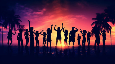 Silhouette of a group of people dancing on the beach at sunsetの素材