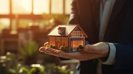 Real estate agent holding house model in hand. home loan concept.の素材