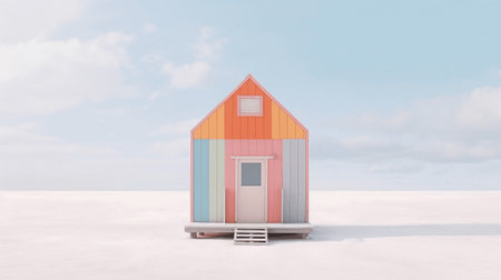 Cute colored house in the desert with blue sky backgroundの素材