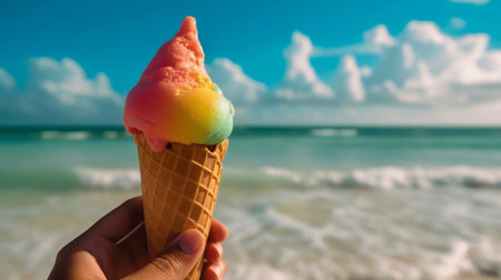 Ice cream cone in hand on the beach. Summer vacation concept.の素材